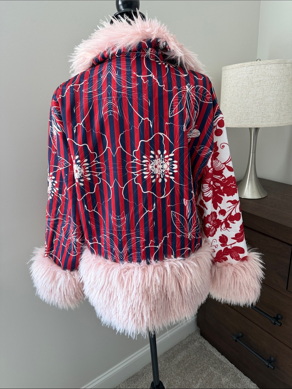 Women’s Pink Faux-Fur Trim Floral & Stripe Coat - Picture 2 of 2
